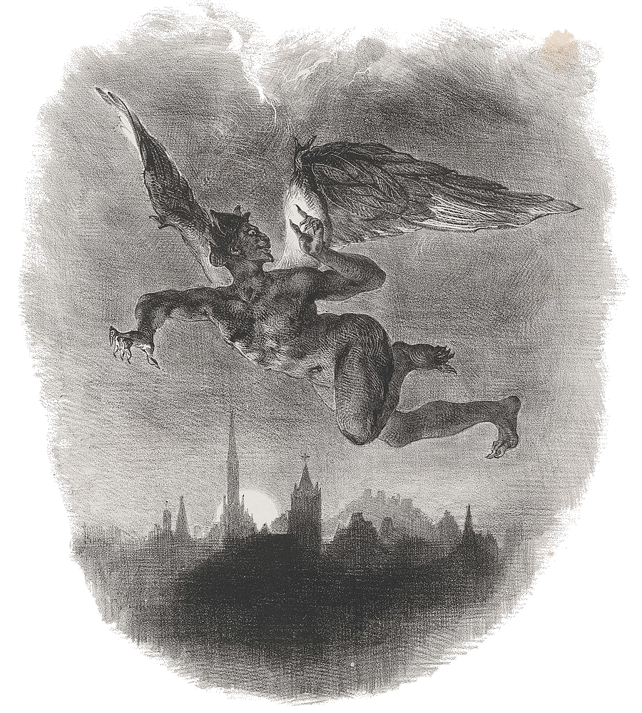 Eugène Delacroix's 1828 painting, titled Mephistopheles in the Air, created to illustrate Johann Wolfgang's tragedy play, Faust. A winged demon flies, abnormally contorting himself to look at the sky above him, the full moon partially obscured in the horizon, shining a dim light over the city, revealing its silhouettes.